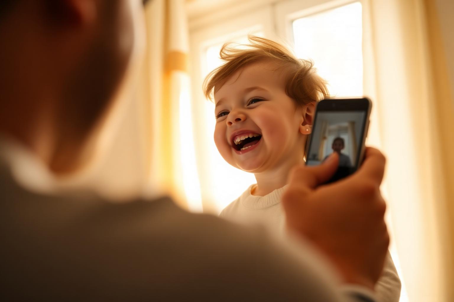 A kid mid-laugh while a dad holds a phone catching the moment.